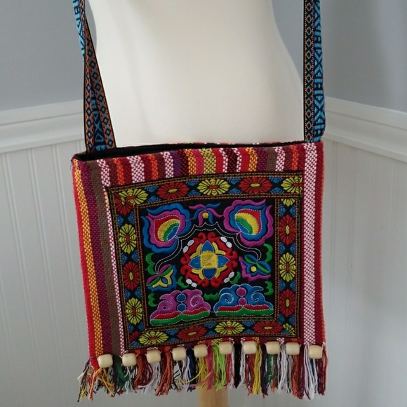 Handbags - Womens Ethnic Embroidered Beaded Fabric Crossbody